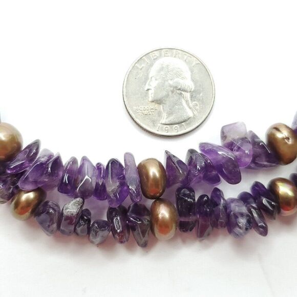 Double Strand Purple Amethyst Nugget Beaded Necklace w Bronze Colored Pearls 18" - Picture 3 of 5